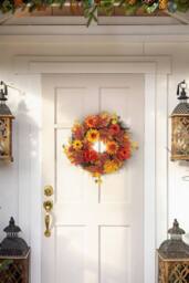 H&O Direct 55cm Autumn Daisy Maple Leaf Wreath Hanging Decoration with LED Light in Brown - thumbnail 2