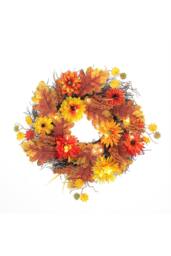 H&O Direct 55cm Autumn Daisy Maple Leaf Wreath Hanging Decoration with LED Light in Brown - thumbnail 4