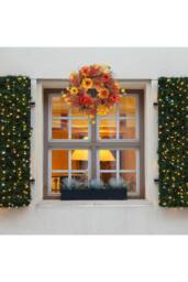 H&O Direct 55cm Autumn Daisy Maple Leaf Wreath Hanging Decoration with LED Light in Brown - thumbnail 3