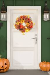 H&O Direct 55cm Autumn Daisy Maple Leaf Wreath Hanging Decoration with LED Light in Brown