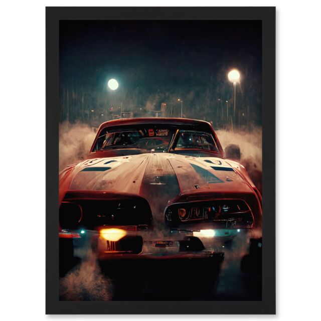 Artery8 Classic Sports Car Muscle Cinematic Night Atmospheric Race In Fog Artwork Framed Wall Art Print A4 in Black - image 1