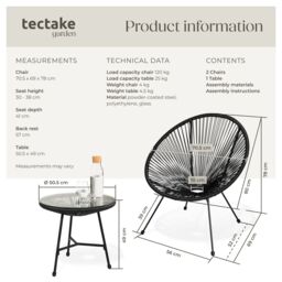 tectake Garden Table & Chairs in Black - Size: 2 Seater - thumbnail 6