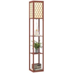 HOMCOM Modern Floor Lamp Light with 3 Shelves Fabric Lampshade in Brown - thumbnail 2