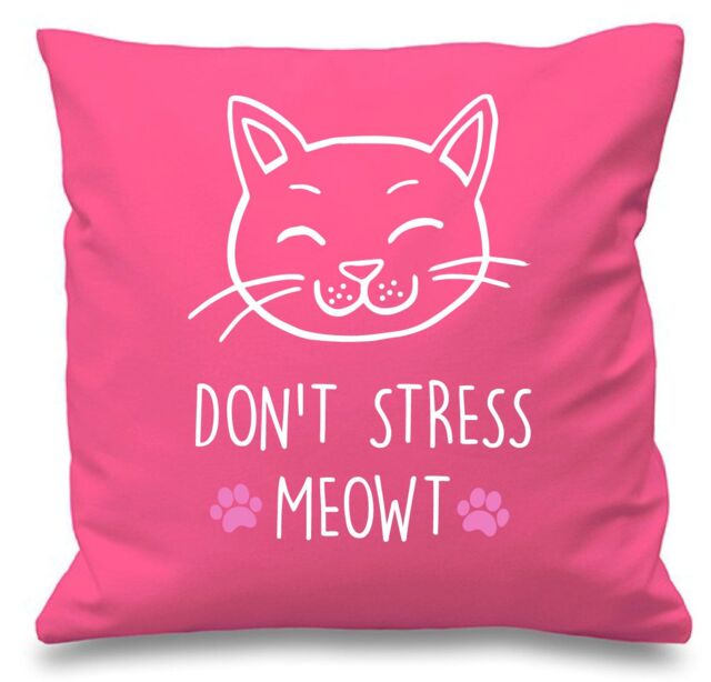 "60 SECOND MAKEOVER Pink Cushion Cover Cat Don't Stress Meowt 16"" x 16"" Mum Friend Gift Decorative - Size: 40 cm x 40 cm"