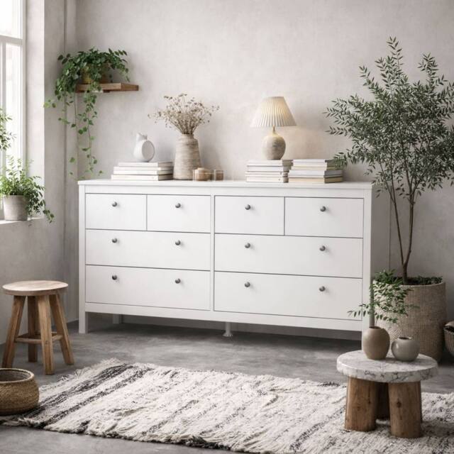 Wyld Haus Gossmere White Wooden Double Dresser 8 Drawers with Silver Handles - image 1