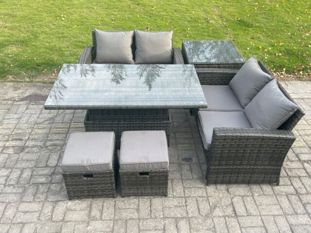 Fimous Garden Furniture Sets Poly Rattan Outdoor Patio Height Adjustable Rising Lifting Table Sofa Dining Set with Side Table 2 Small Footstools - image 1