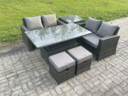 Fimous Garden Furniture Sets Poly Rattan Outdoor Patio Height Adjustable Rising Lifting Table Sofa Dining Set with Side Table 2 Small Footstools - thumbnail 2