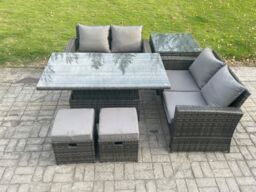 Fimous Garden Furniture Sets Poly Rattan Outdoor Patio Height Adjustable Rising Lifting Table Sofa Dining Set with Side Table 2 Small Footstools - thumbnail 1