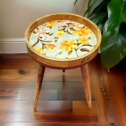Hartsmede Handmade Side Table Solid Mango Wood Detachable Legs Vintage Bouquet Sage Green & Yellow Vibrant Print in Bright Green - thumbnail 5