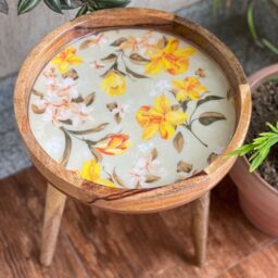 Hartsmede Handmade Side Table Solid Mango Wood Detachable Legs Vintage Bouquet Sage Green & Yellow Vibrant Print in Bright Green - thumbnail 6