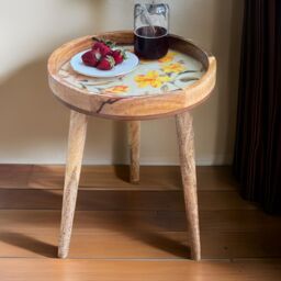 Hartsmede Handmade Side Table Solid Mango Wood Detachable Legs Vintage Bouquet Sage Green & Yellow Vibrant Print in Bright Green - thumbnail 3