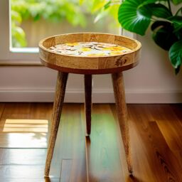 Hartsmede Handmade Side Table Solid Mango Wood Detachable Legs Vintage Bouquet Sage Green & Yellow Vibrant Print in Bright Green - thumbnail 4