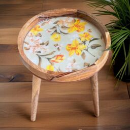Hartsmede Handmade Side Table Solid Mango Wood Detachable Legs Vintage Bouquet Sage Green & Yellow Vibrant Print in Bright Green