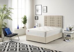 Somnior Bliss Divan Bed with Sprung Memory Foam Mattress & Headboard Tweed Fabric in Natural - Size: Small Double