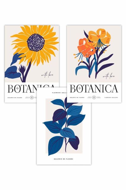 ARTZE Set of 3 Flower Market Sunflower Yellow Blue Art Posters in Bright Yellow - Size: W59 cm x H84 cm - image 1