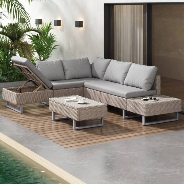 HomeTouch Brown Rattan Garden Corner Sofa Set with Recliner Seat & Coffee Table - Size: 3 Pack - image 1