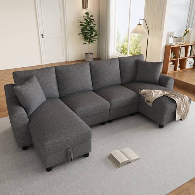 Merax Chenille U-Shaped Sectional Corner Sofa with Twin Storage Chaises in Grey - image 1