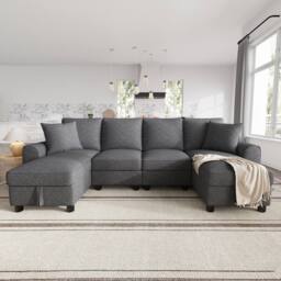 Merax Chenille U-Shaped Sectional Corner Sofa with Twin Storage Chaises in Grey - thumbnail 7