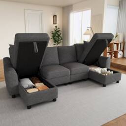 Merax Chenille U-Shaped Sectional Corner Sofa with Twin Storage Chaises in Grey - thumbnail 5