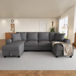 Merax Chenille U-Shaped Sectional Corner Sofa with Twin Storage Chaises in Grey - thumbnail 3