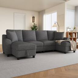 Merax Chenille U-Shaped Sectional Corner Sofa with Twin Storage Chaises in Grey - thumbnail 4