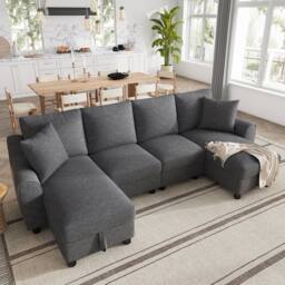 Merax Chenille U-Shaped Sectional Corner Sofa with Twin Storage Chaises in Grey - thumbnail 6