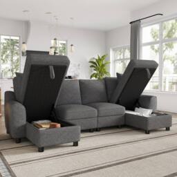 Merax Chenille U-Shaped Sectional Corner Sofa with Twin Storage Chaises in Grey - thumbnail 9