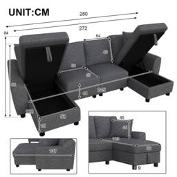 Merax Chenille U-Shaped Sectional Corner Sofa with Twin Storage Chaises in Grey - thumbnail 2