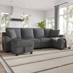 Merax Chenille U-Shaped Sectional Corner Sofa with Twin Storage Chaises in Grey - thumbnail 8