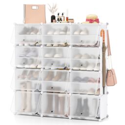Gymax 12-Cube Portable Shoe Cabinet 48 Pair Shoe Shelves With Doors in White - thumbnail 1