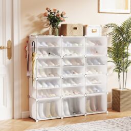 Gymax 12-Cube Portable Shoe Cabinet 48 Pair Shoe Shelves With Doors in White - thumbnail 3