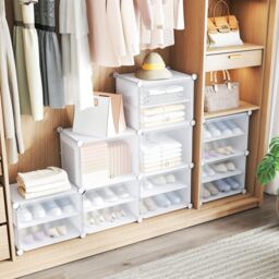 Gymax 12-Cube Portable Shoe Cabinet 48 Pair Shoe Shelves With Doors in White - thumbnail 4