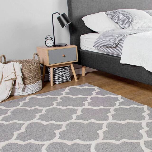Wyld and Coco Grey Wool and Cotton Rug 80 x 150 cm Hand-Tufted Trellis Pattern - Size: 80 cm x 150 cm - image 1