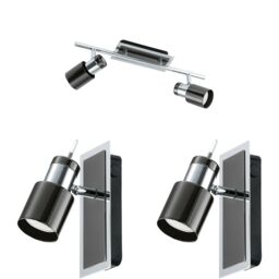 Loops Twin Ceiling Spot Light & 2x Matching Wall Lights Black Nickel Chrome Shade Head in Metallics