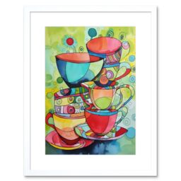 "Artery8 Wall Art Print Abstract Tea Cups Folk Art Kitchen Artwork Framed 9X7 Inch in White - Size: W7"" x H9""" - thumbnail 1