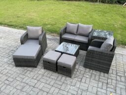 Fimous Rattan Garden Furniture Set Patio Conservatory Indoor Outdoor 8 Piece Set with Love Sofa Square Coffee Table in Dark Grey - thumbnail 2