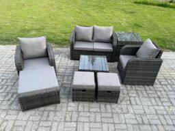 Fimous Rattan Garden Furniture Set Patio Conservatory Indoor Outdoor 8 Piece Set with Love Sofa Square Coffee Table in Dark Grey - thumbnail 1