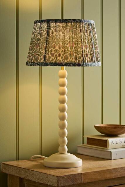 ValueLights Bobbin Floral Printed Pleated Shade Cream Bobble Table Lamp in Dark Green - image 1