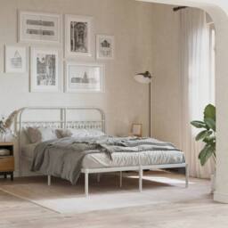 Berkfield Home Metal Bed Frame without Mattress with Headboard White 135x190cm - Size: 135x190 cm - thumbnail 2