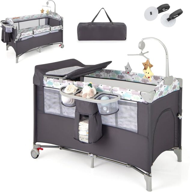 Gymax 5-in-1 Portable Bedside Crib On Wheels Folding Changing Table Playpen in Dark Grey - image 1
