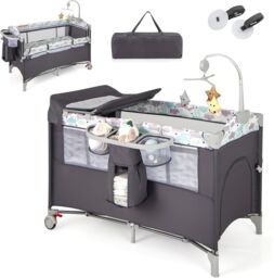 Gymax 5-in-1 Portable Bedside Crib On Wheels Folding Changing Table Playpen in Dark Grey