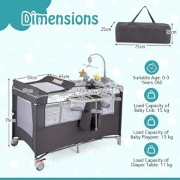 Gymax 5-in-1 Portable Bedside Crib On Wheels Folding Changing Table Playpen in Dark Grey - thumbnail 5