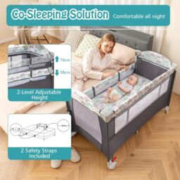 Gymax 5-in-1 Portable Bedside Crib On Wheels Folding Changing Table Playpen in Dark Grey - thumbnail 4