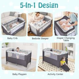 Gymax 5-in-1 Portable Bedside Crib On Wheels Folding Changing Table Playpen in Dark Grey - thumbnail 2