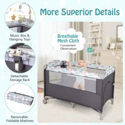 Gymax 5-in-1 Portable Bedside Crib On Wheels Folding Changing Table Playpen in Dark Grey - thumbnail 6