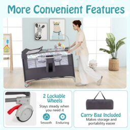 Gymax 5-in-1 Portable Bedside Crib On Wheels Folding Changing Table Playpen in Dark Grey - thumbnail 3