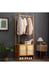 H&O Direct Freestanding Wooden Clothes Rack with Cabinet in Brown - thumbnail 2