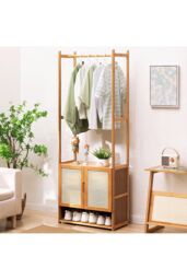 H&O Direct Freestanding Wooden Clothes Rack with Cabinet in Brown