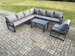 Fimous Aluminium Patio Outdoor Garden Furniture Lounge Corner Sofa Set with Oblong Coffee Table Chair Dark Grey - thumbnail 2