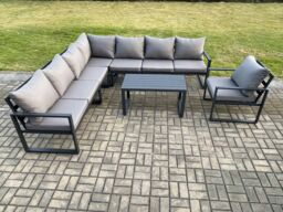 Fimous Aluminium Patio Outdoor Garden Furniture Lounge Corner Sofa Set with Oblong Coffee Table Chair Dark Grey - thumbnail 1